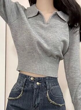 Xpqbb Korean Chic Turndown Collar Sweaters Female Gray Slim