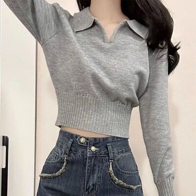 Xpqbb Korean Chic Turndown Collar Sweaters Female Gray Slim