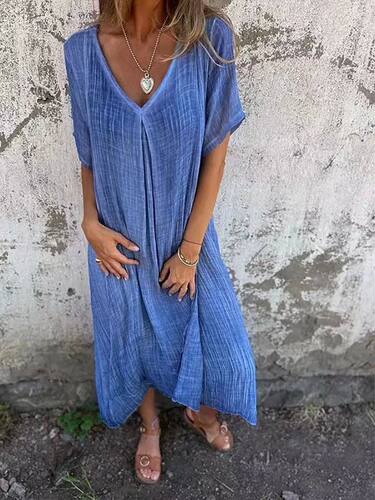 Summer Cotton Linen Loose Dress for Women Solid Color V Neck