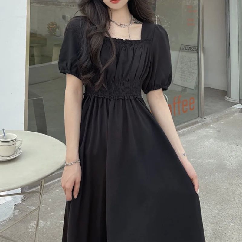 HOUZHOU Black Vintage Midi Dress Elegant Women Dresses Squar-封面