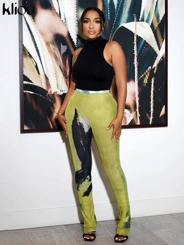 Kliou Mesh Tie Dye Print Aesthetic Pants Women Fashion Mid W