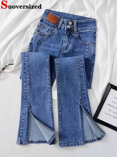 Skinny Hight Waist Split Flare Jeans Korean Streetwear Casua
