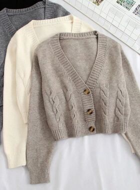 V Neck Cropped Cardigan Women Long Sleeve Twist Knitted Swea