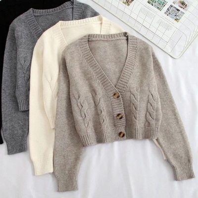 V Neck Cropped Cardigan Women Long Sleeve Twist Knitted Swea