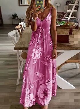 Plus Size Lady Spring Summer Dress Women V-Neck Long Dresses