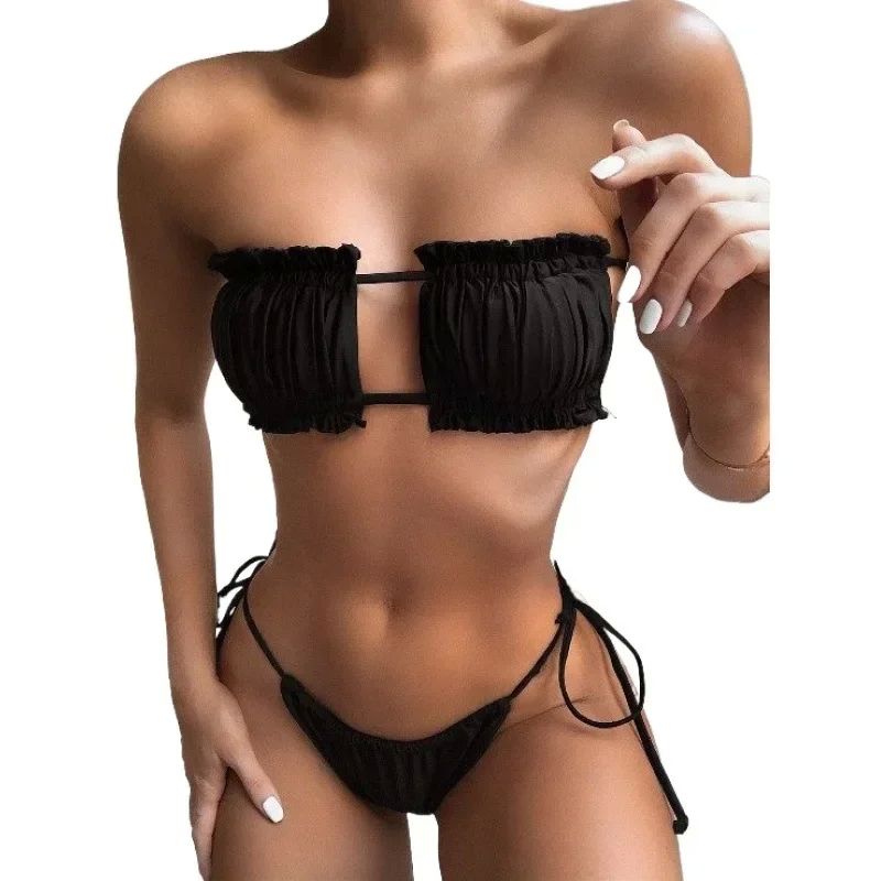 Women Sexy Bikini Pleated Bandeau Swimsuit Female Swimwear W-封面
