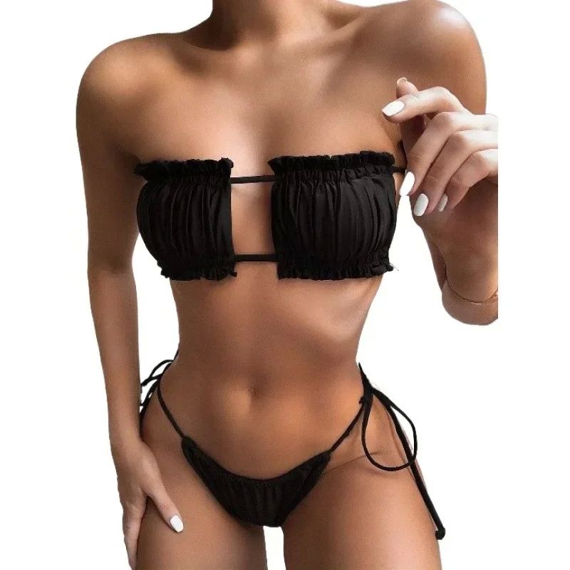 Women Sexy Bikini Pleated Bandeau Swimsuit Female Swimwear W