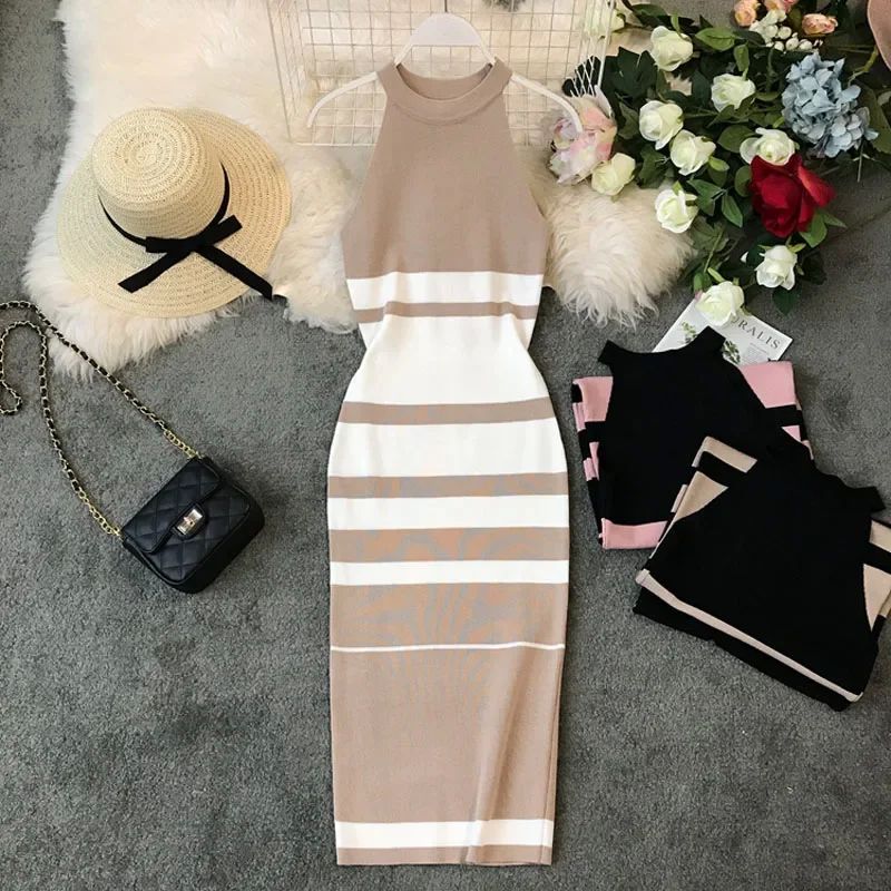 2024 summer women's hanging neck knit long dress round neck-封面