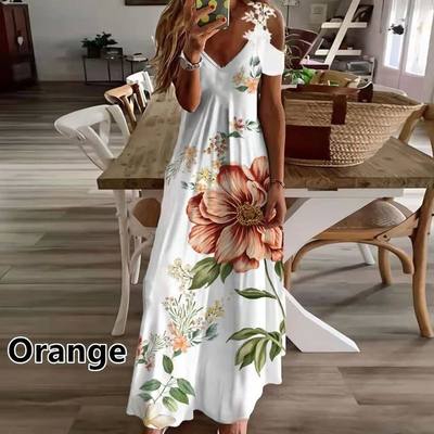 Women Floral Print Maxi Dress Boho Lace Sling Hollow Out A L