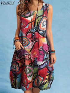 Women O Neck Sleeveless Vestidos Holiday Printed Dress Bohem