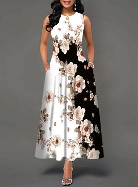Flower Print New Casual Sleeveless Long Dress Women's V-Neck