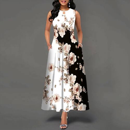 Flower Print New Casual Sleeveless Long Dress Women's V-Neck