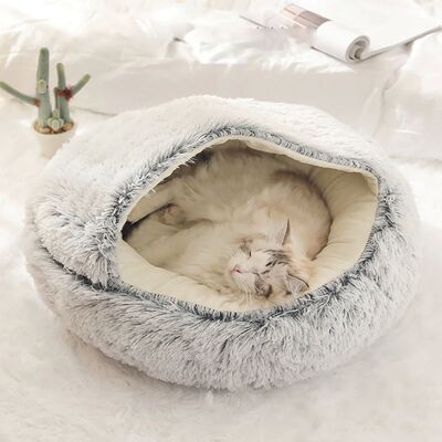 Cat Bed Round Plush Fluffy Hooded Cat Bed Cave, Cozy for Ind