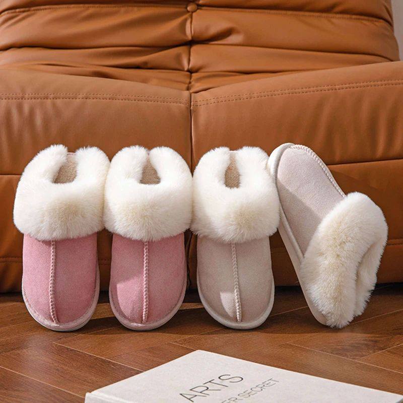 2023 Winter Warm Flat Fur Slippers Women Faux Suede Fluffy F