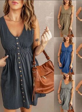2023 Womens Dresses Casual Sleeveless Button Down Elastic Wa