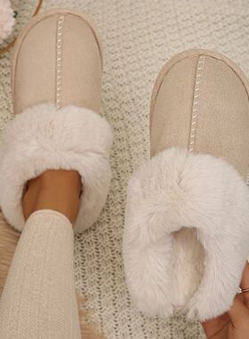 Closed Toe Warm Cotton Slippers Women Faux Fur Thicken Plush