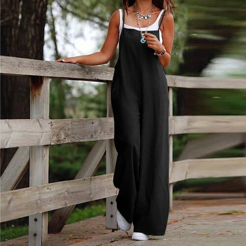 Cotton Linen Solid Color Overalls Pants Loose Wide -footed C