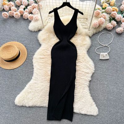 YuooMuoo Women Dress Sexy V-neck Slim Elastic Ribbed Knitted