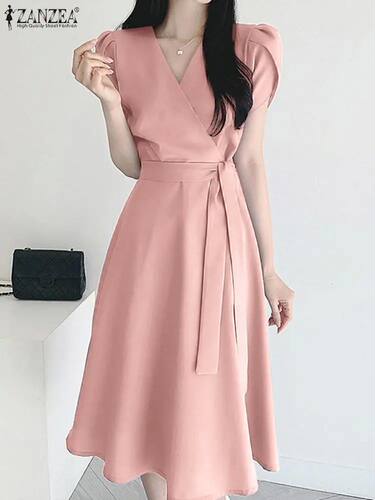Elegant Summer Short Sleeve Dress Women Fashion OL Work Sund