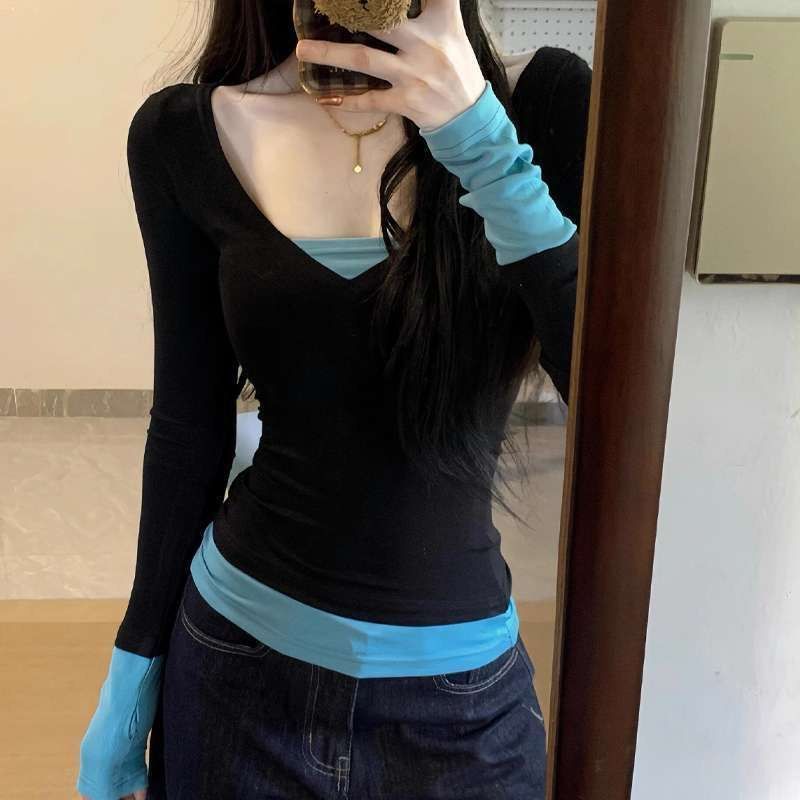 超手感莫代尔v领假两件撞色长袖t恤女春夏修身显瘦内搭打底衫上衣