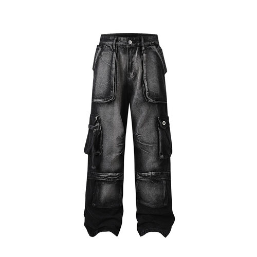 BL清美式复古解构设计感工装裤男女宽松休闲褶皱直筒垂感裤子