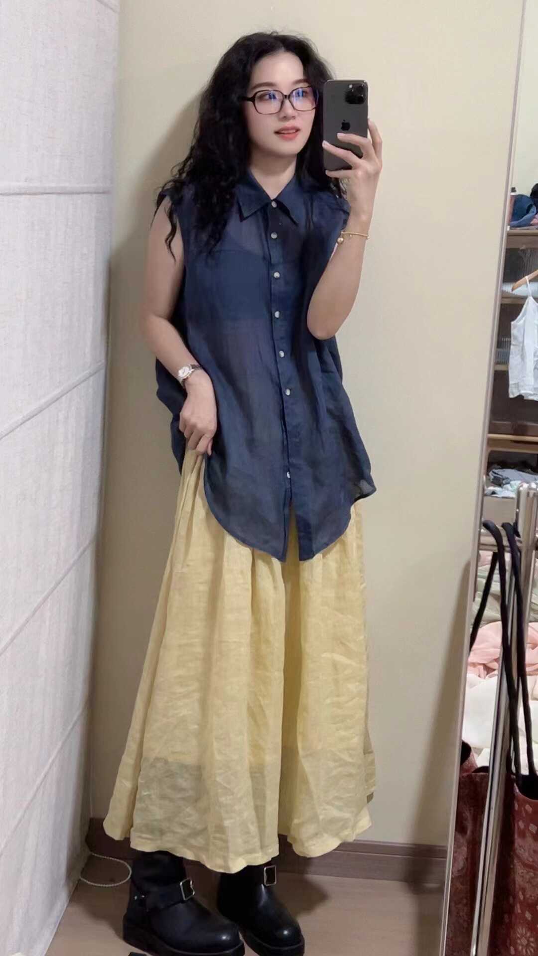 苎麻背心无袖通勤休闲翻领排扣