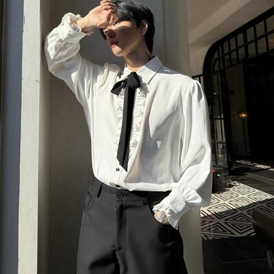 子上男装高级白色长袖荷叶边衬衫