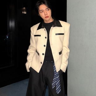 子上男装高级感轻奢白色小香风短外套男款加厚夹棉假两件翻领秋冬