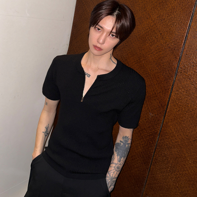 子上男装 cleanfit简约百搭修身v领拉链纯色针织短袖T恤男夏季