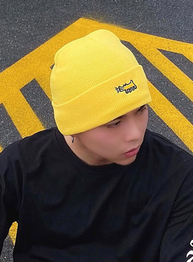 黄色毛线帽男士冬季冷帽街头韩版潮牌保暖冷帽子男冬天青年针织帽