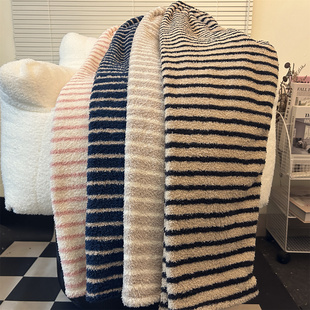 高个子加长版可外穿简约条纹睡裤女秋冬季珊瑚绒宽松直筒保暖长裤