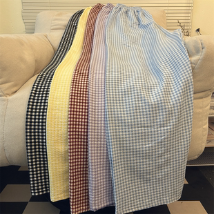 175高个子加长简约格子睡裤女夏季薄款遛弯裤超长105-110cm长裤子