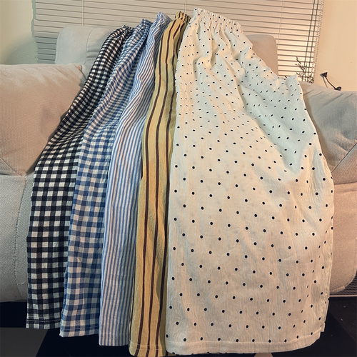 高小个子日系波点条纹格子睡裤女夏季薄款慵懒宽松可外穿遛弯长裤