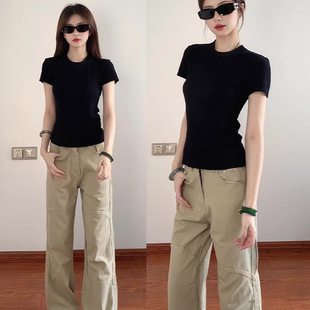 辣妹穿搭修身 顯瘦設計感氣質上衣服 t恤女內搭打底衫 黑色正肩短袖