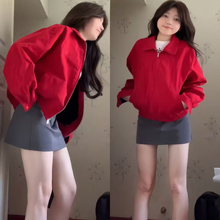 大红色夹克短款外套女款春秋2026新款宽松休闲百搭翻领上衣小个子