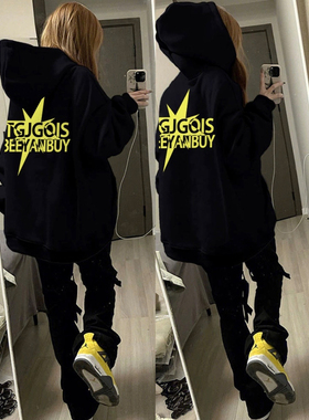 黑色卫衣女2025年新款秋冬国潮牌hiphop加绒加厚美式高街连帽外套