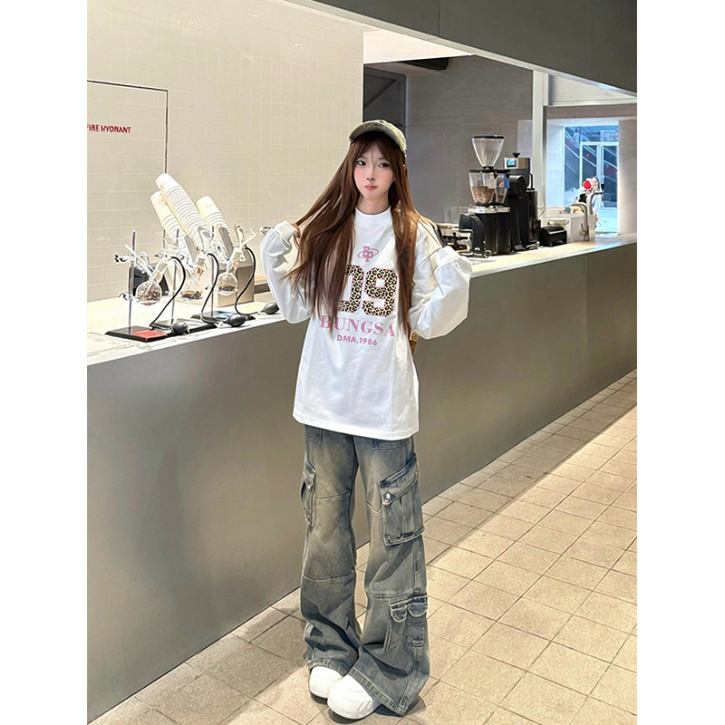 美式潮牌复古白色长袖纯棉t恤女宽松慵懒风内搭打底衫上衣设计感