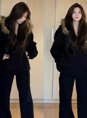 黑色加厚短款外套女连帽冬季2025新款小个子百搭宽松韩系上衣加绒