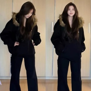 黑色加厚短款外套女连帽冬季2025新款小个子百搭宽松韩系上衣加绒