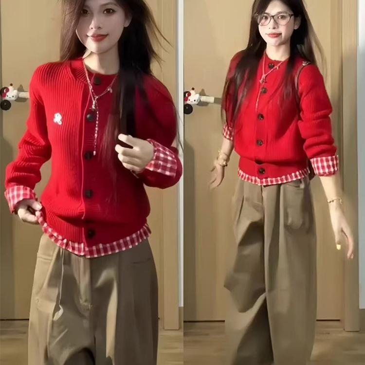 假两件红色毛衣外套女冬季