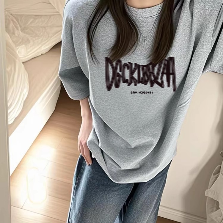 美式高街潮牌复古重磅灰色短袖T恤女韩版宽松小众设计感纯棉上衣