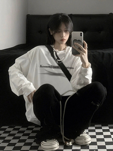 美式复古纯棉白色长袖t恤女春秋季设计感小众宽松情侣上衣打底衫