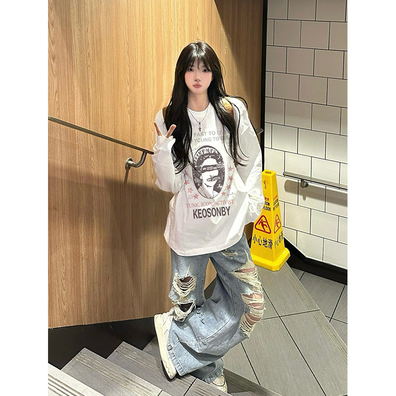 美式潮牌复古白色长袖纯棉t恤女宽松慵懒风内搭打底衫上衣情侣装