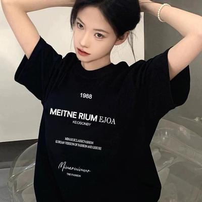 黑色短袖T恤宽松复古美式情侣装