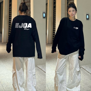 上衣情侣装 t恤女宽松慵懒风设计感小众秋季 纯棉百搭黑色长袖 美式