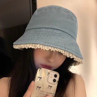防晒渔夫帽女2026新款可爱蕾丝牛仔高级感遮阳学院风显脸小水桶帽
