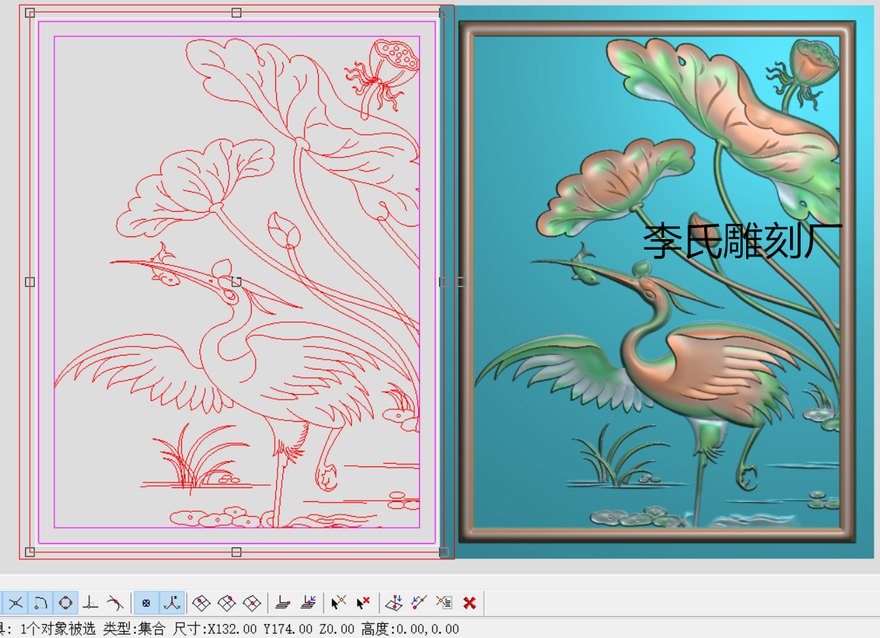 李氏雕刻厂精雕图花鸟门板浮雕图水鸟莲花鹤灰度图 荷花鹤小方板
