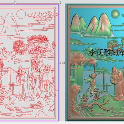 李氏雕刻库精雕图山水人物背板浮雕图桃花靠背灰度图三国三顾茅庐