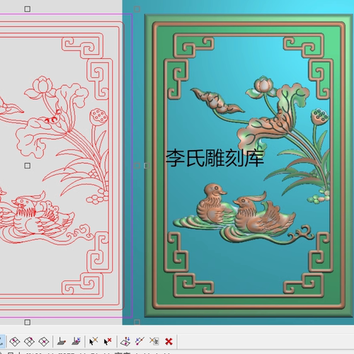 李氏雕刻库精雕图花鸟背板浮雕图鸳鸯莲花靠背灰度图木雕荷花小门