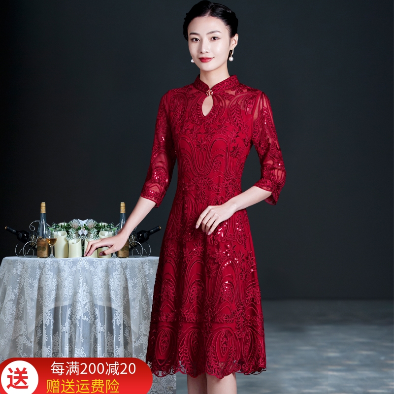 春夏高端喜婆婆婚宴装年轻洋气婚礼妈妈礼服高贵连衣裙结婚短旗袍